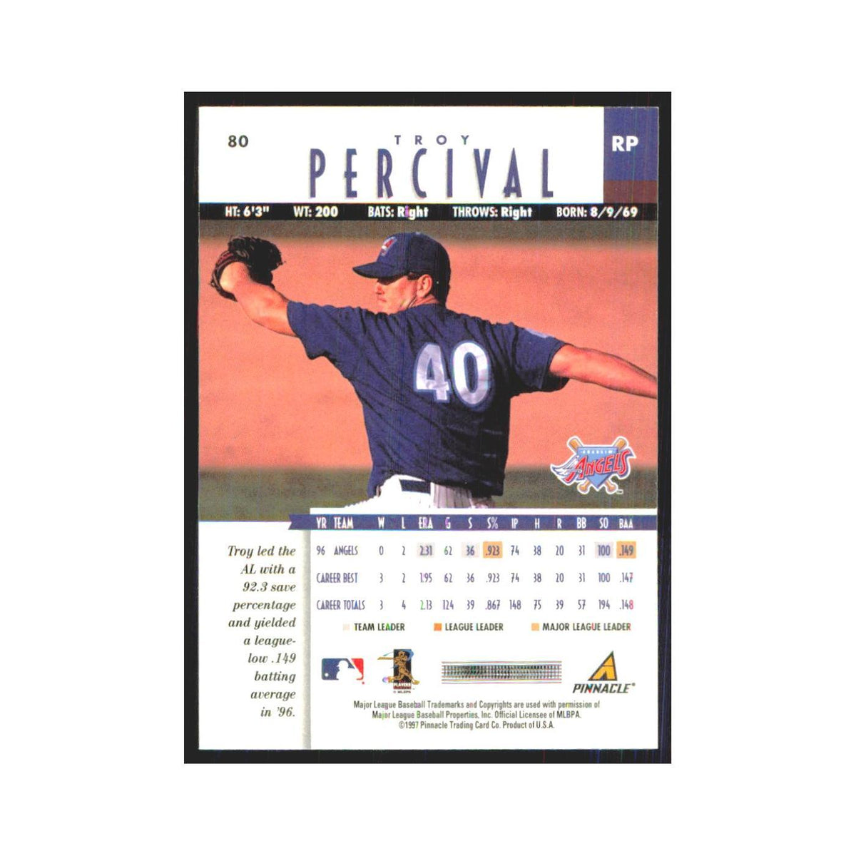 1997 Pinnacle Troy Percival Angels #80