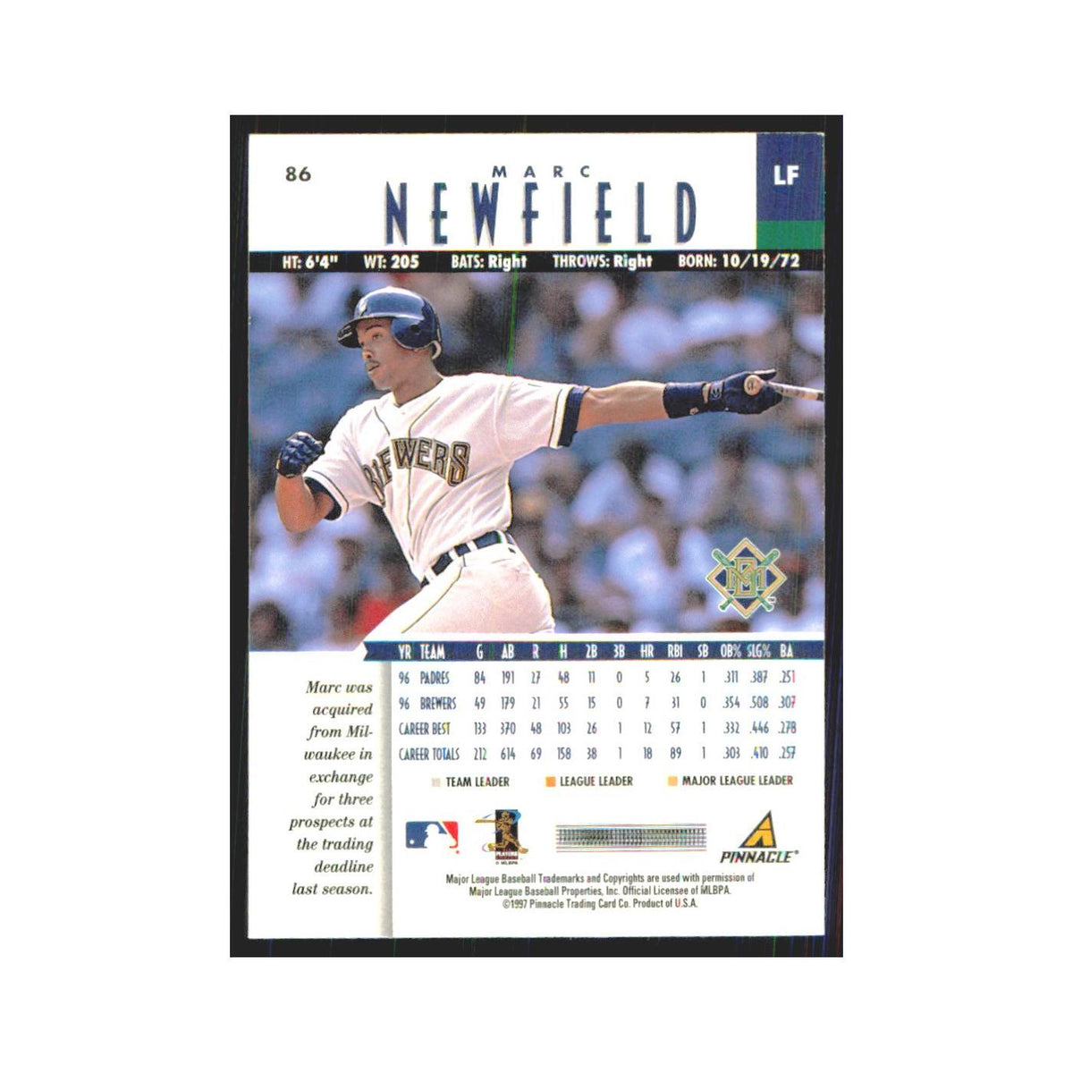 1997 Pinnacle Marc Newfield Brewers #86
