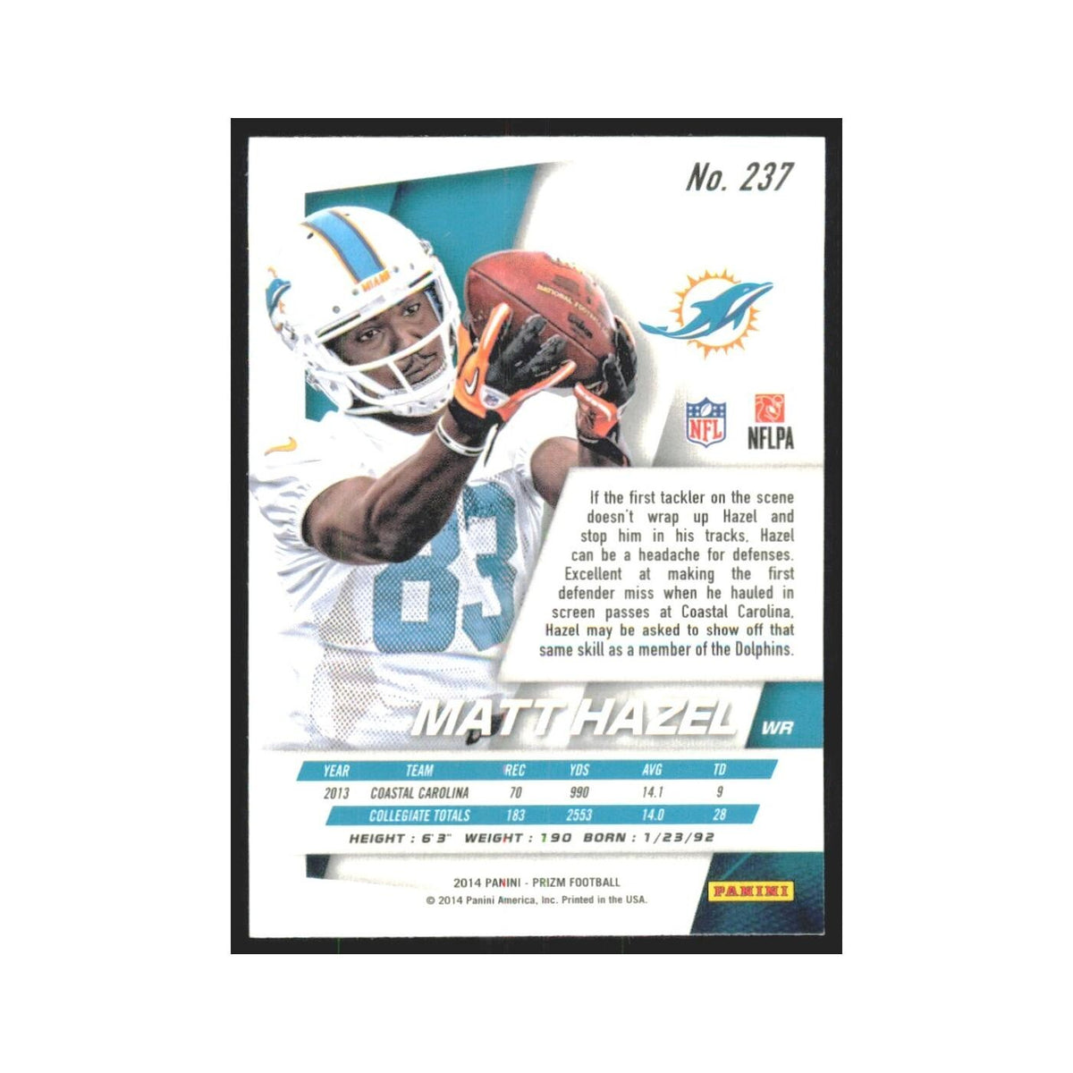 2014 Panini Prizm Matt Hazel RC Dolphins #237