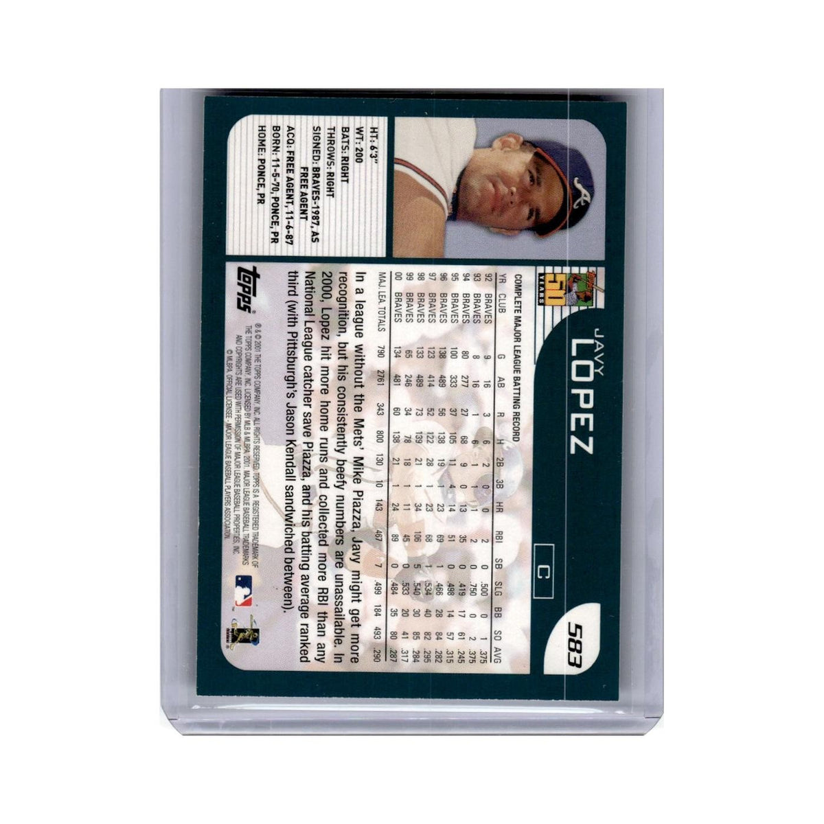 Javy Lopez 2001 Topps #583 Atlanta Braves Baseball Card NM