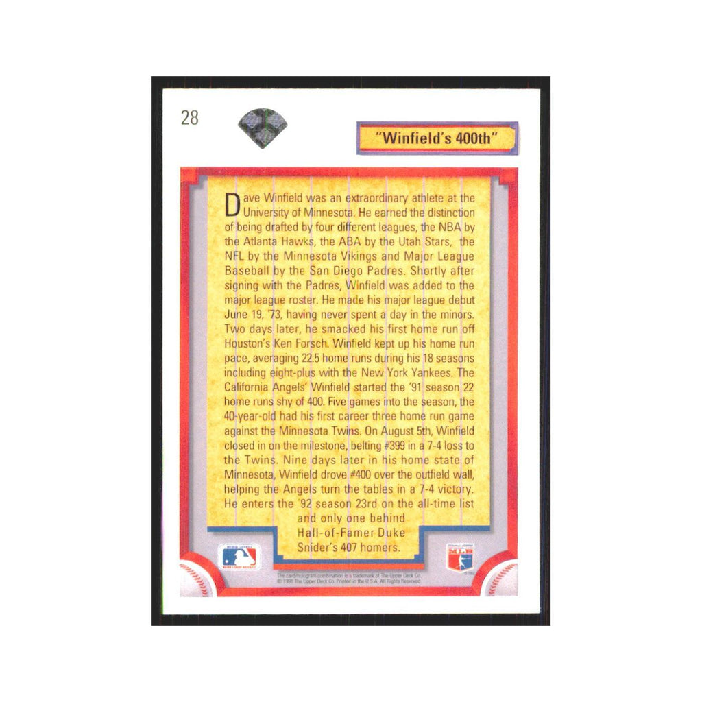 1992 Upper Deck Winfield's 400th #28