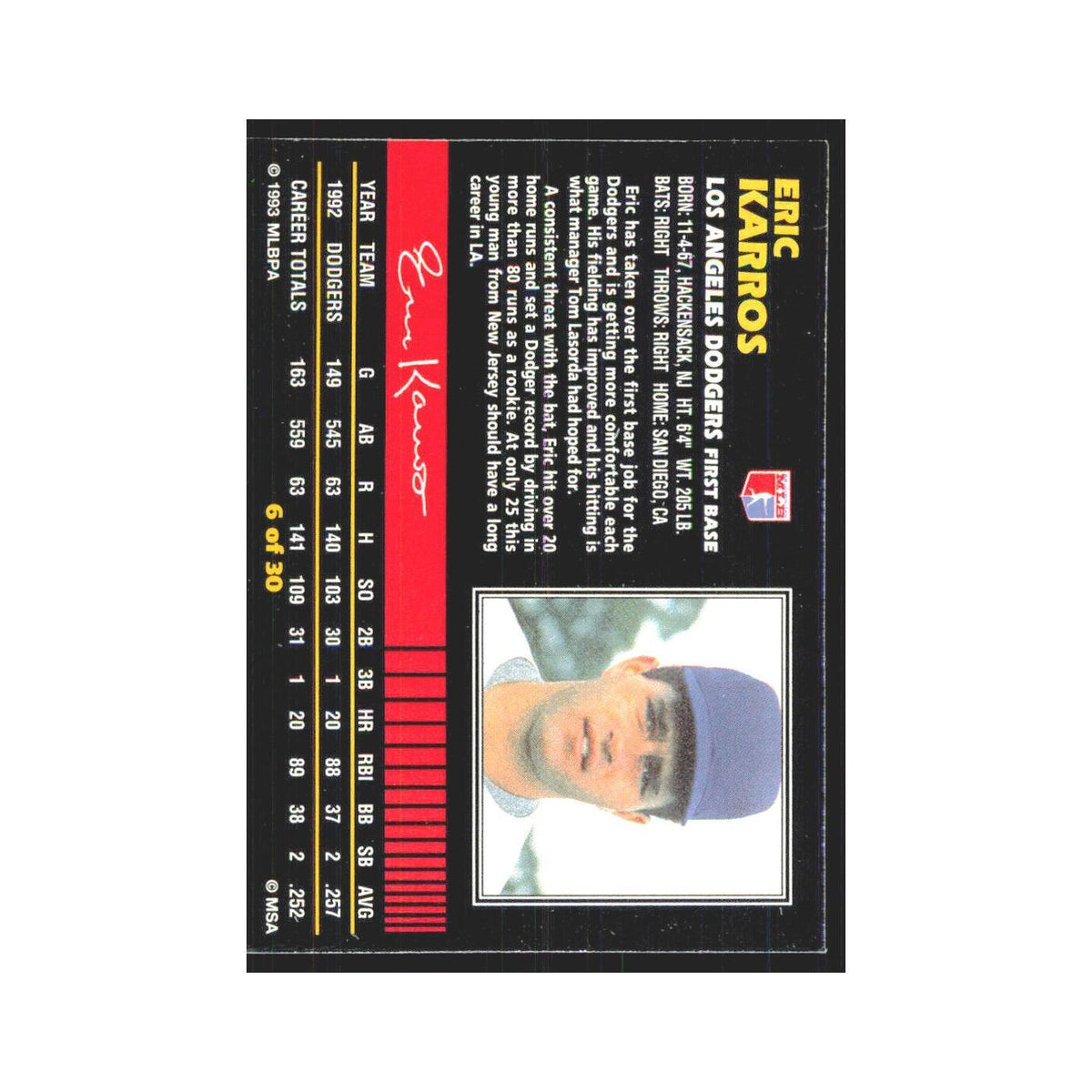 1993 Post Cereal Eric Karros Dodgers #6