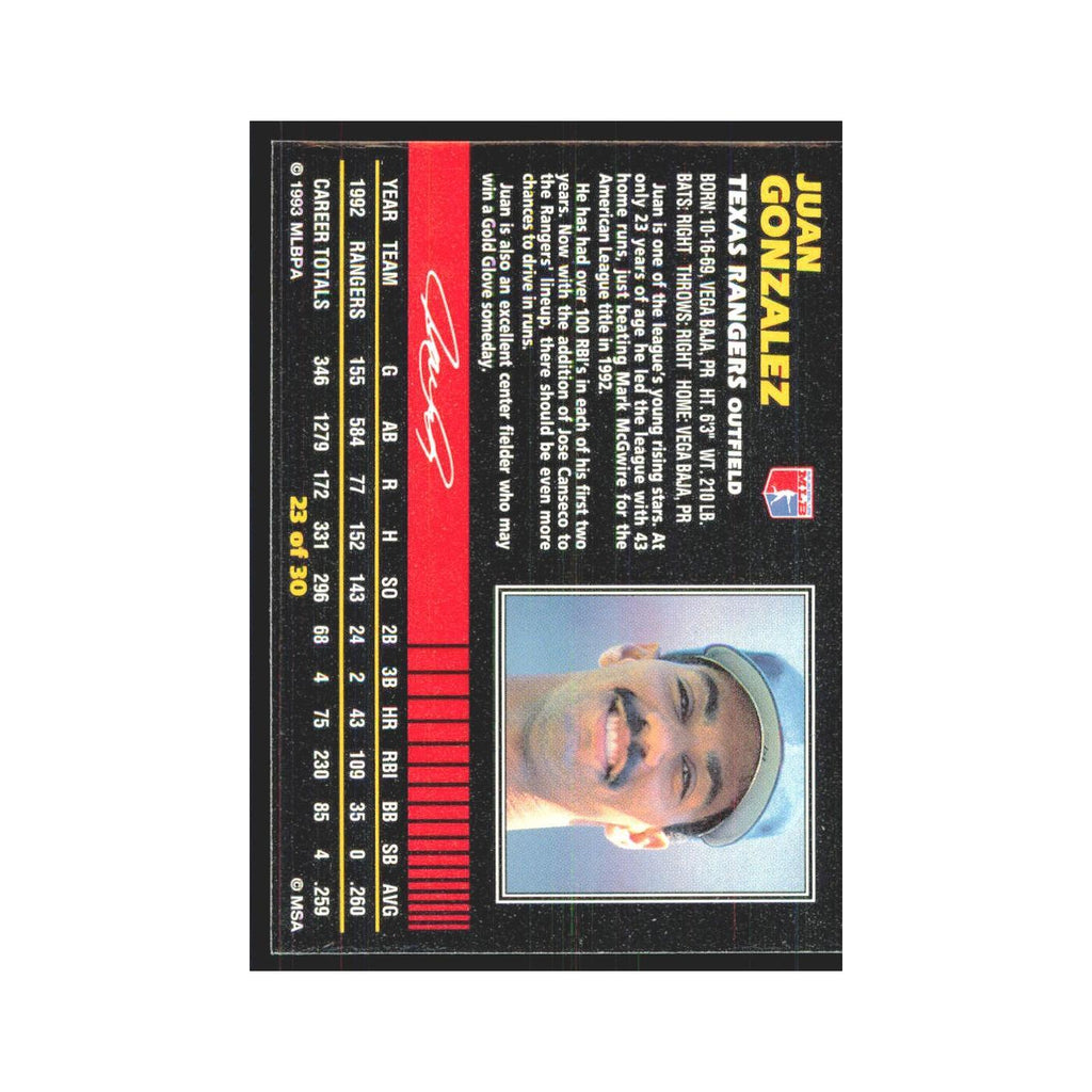 1993 Post Cereal Juan Gonzalez Rangers #23