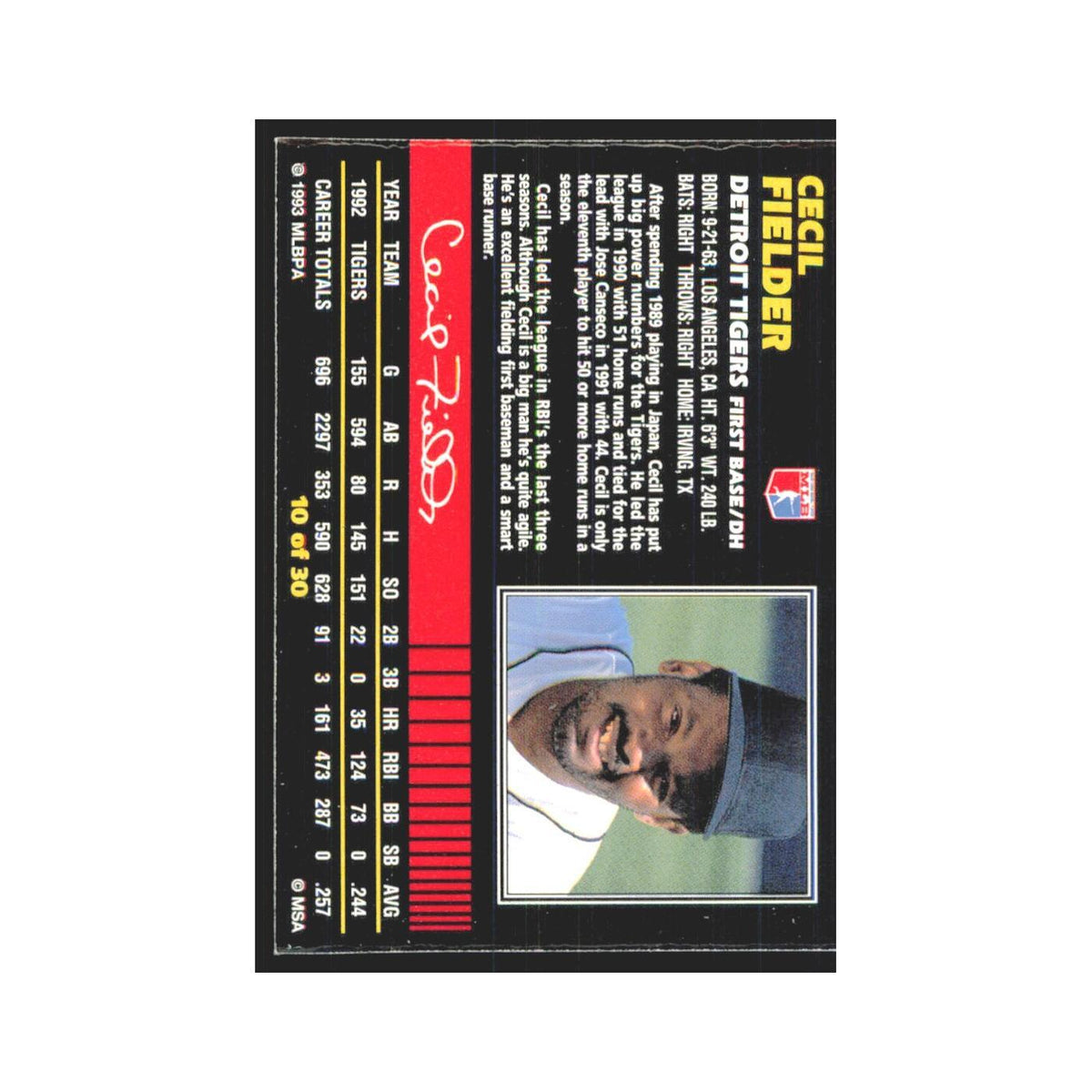 1993 Post Cereal Cecil Fielder Tigers #10
