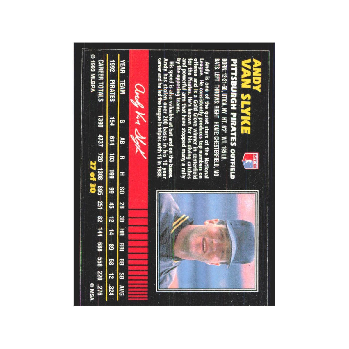 1993 Post Cereal Andy Van Slyke Pirates #27