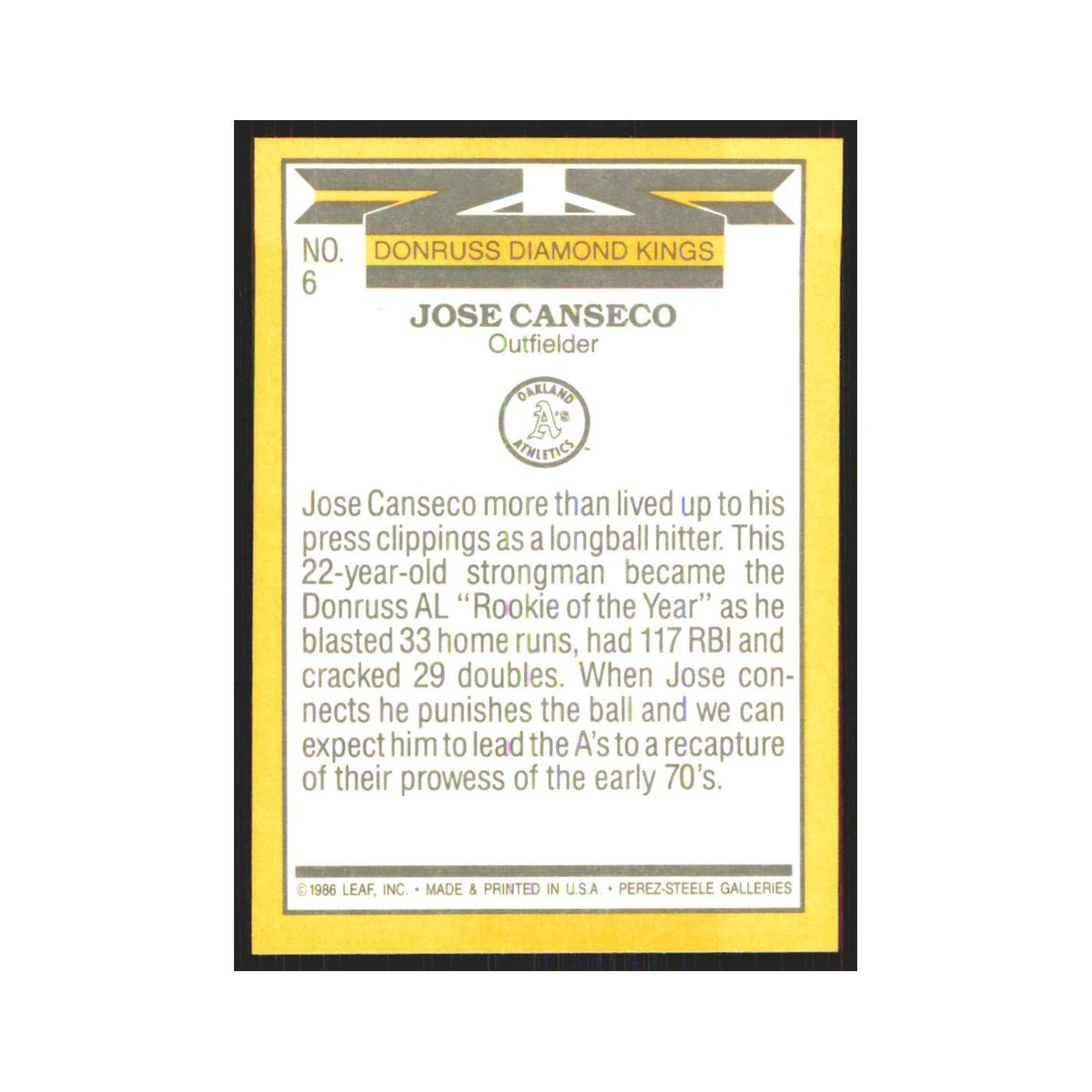 1987 Donruss Jose Canseco Athletics #6