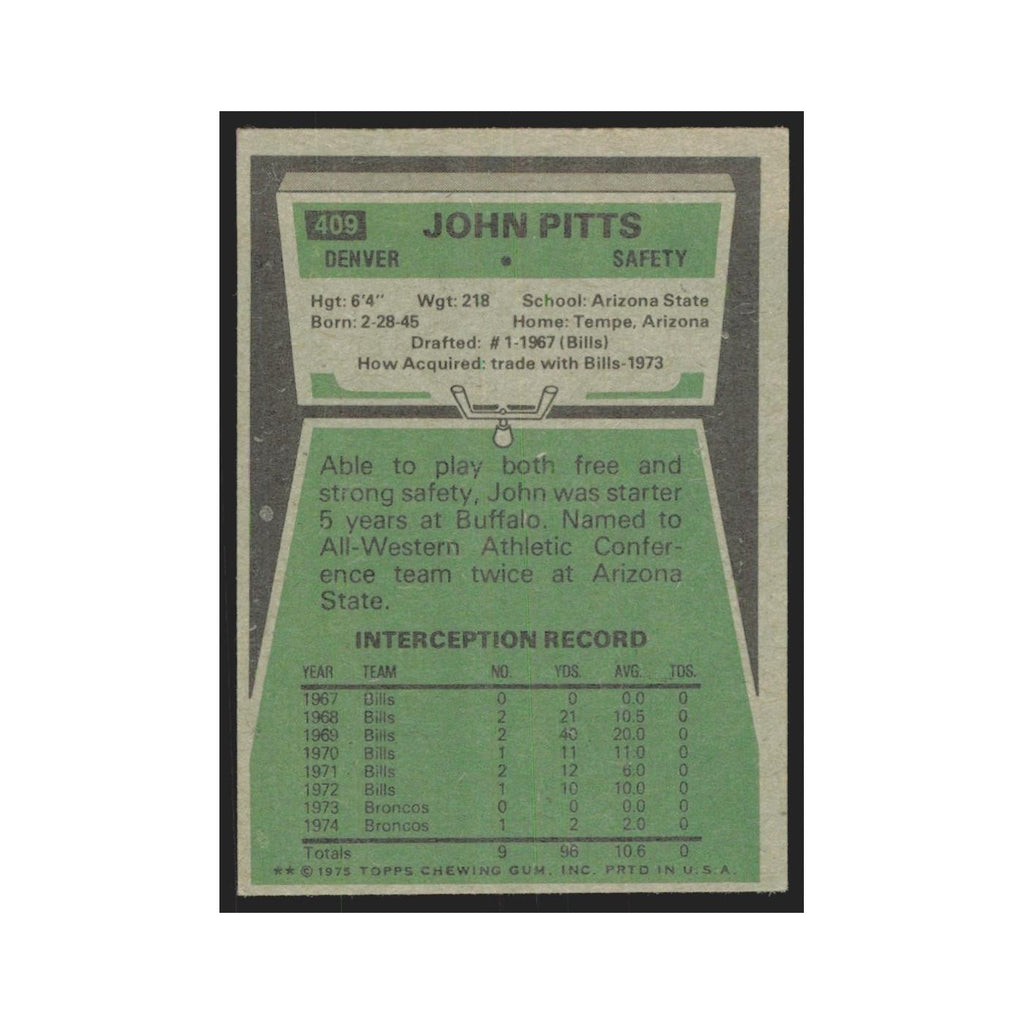 1975 Topps John Pitts Broncos #409.0