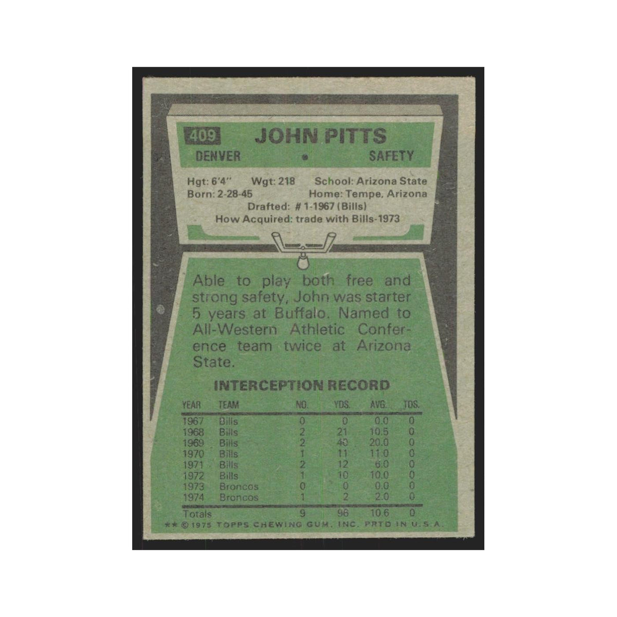 1975 Topps John Pitts Broncos #409.0