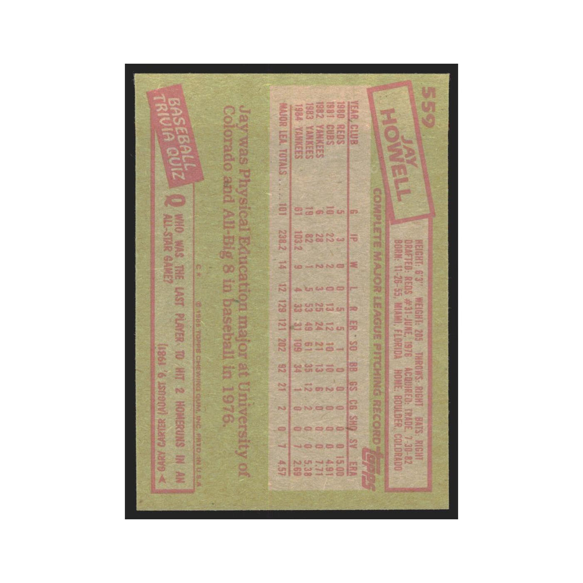 1985 Topps Jay Howell Yankees #559