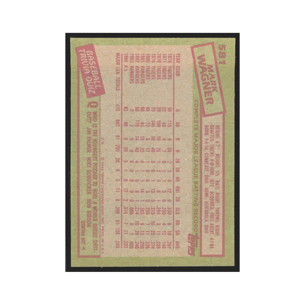 1985 Topps Mark Wagner Athletics #581