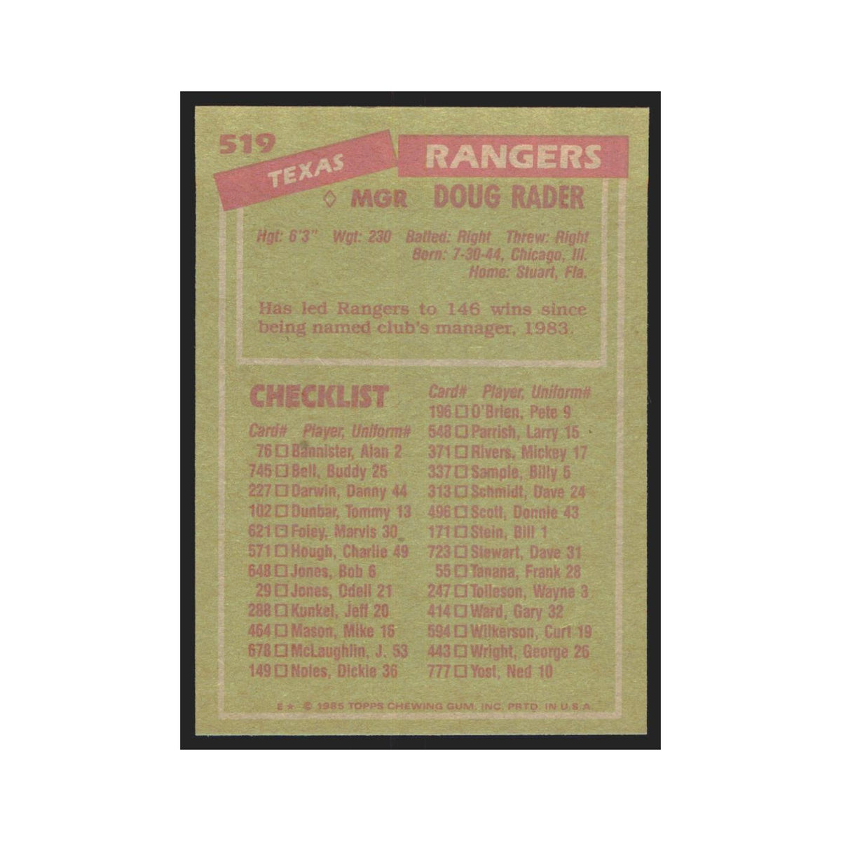 1985 Topps Doug Rader Rangers #519