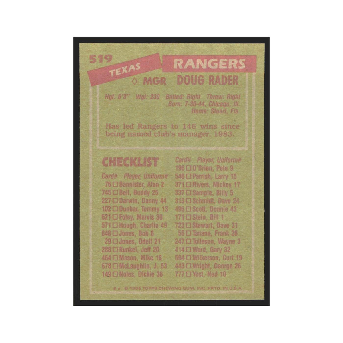 1985 Topps Doug Rader Rangers #519