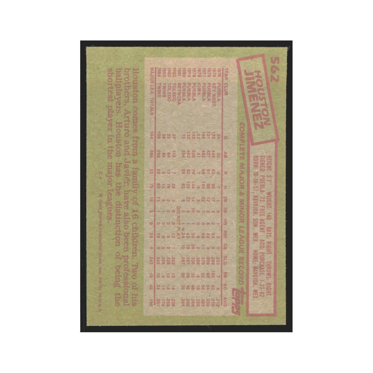 1985 Topps Houston Jimenez Twins #562