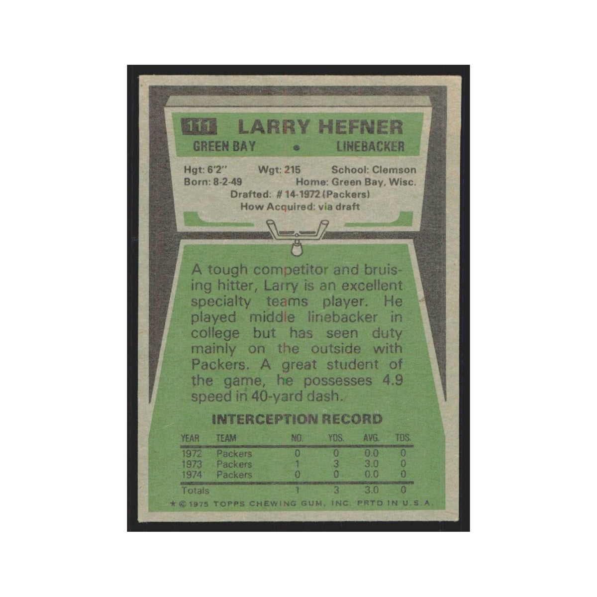 1975 Topps Larry Hefner Packers #111.0