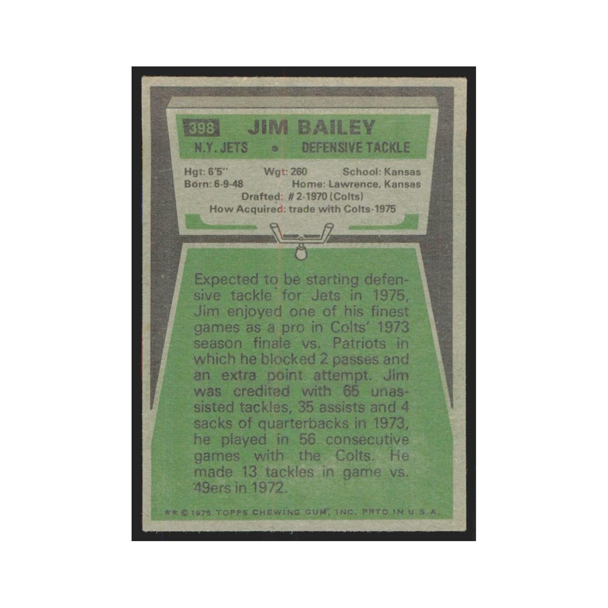 1975 Topps Jim Bailey Jets #398.0