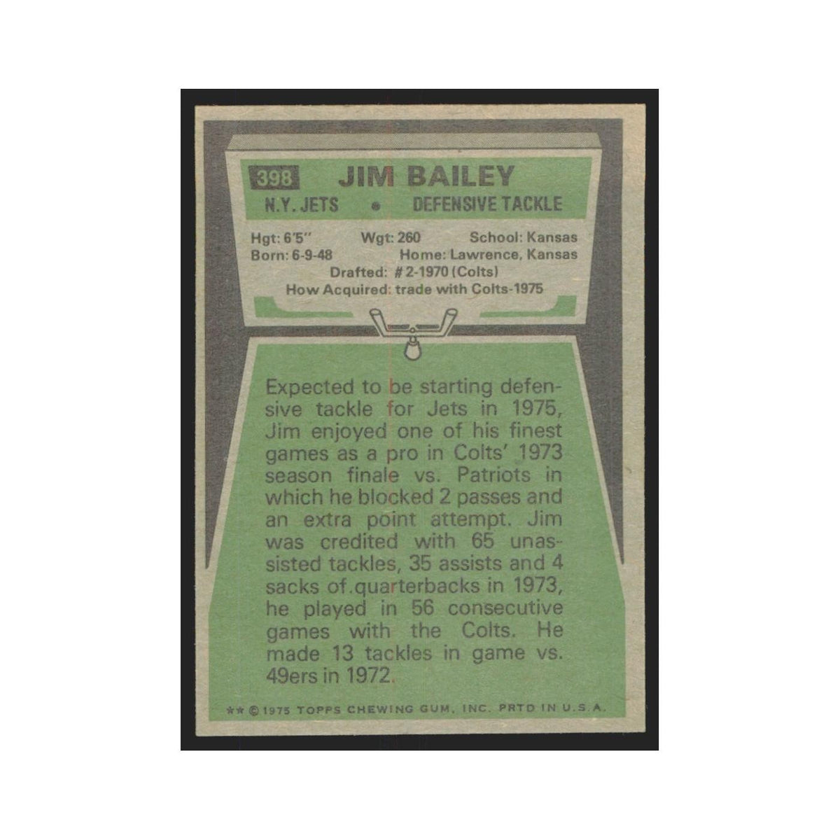 1975 Topps Jim Bailey Jets #398.0