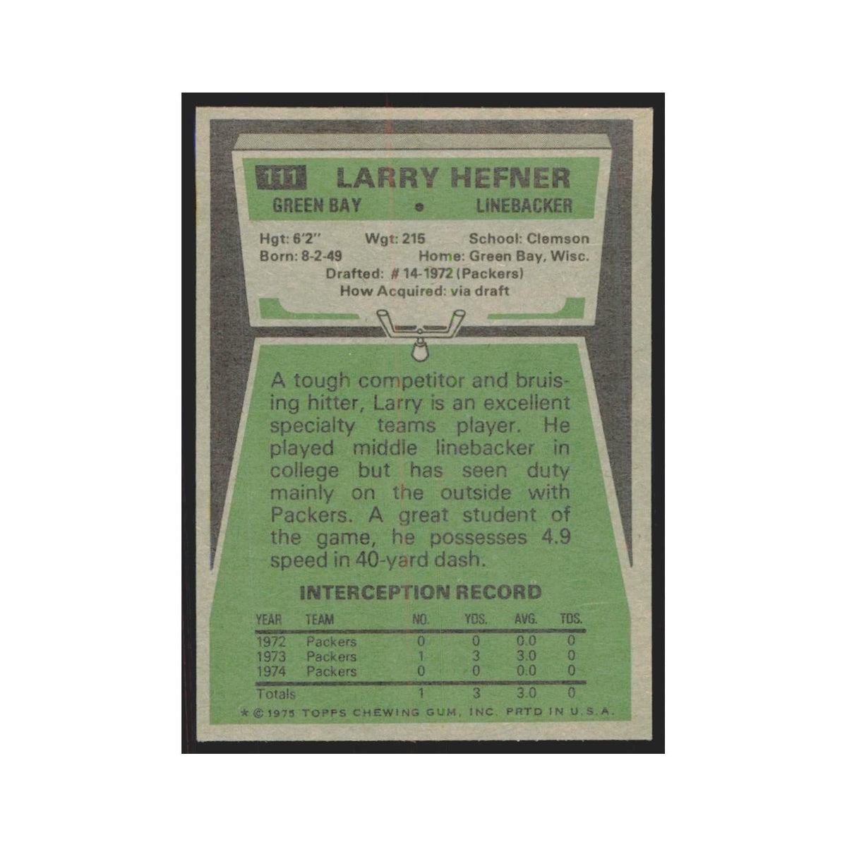 1975 Topps Larry Hefner Packers #111.0