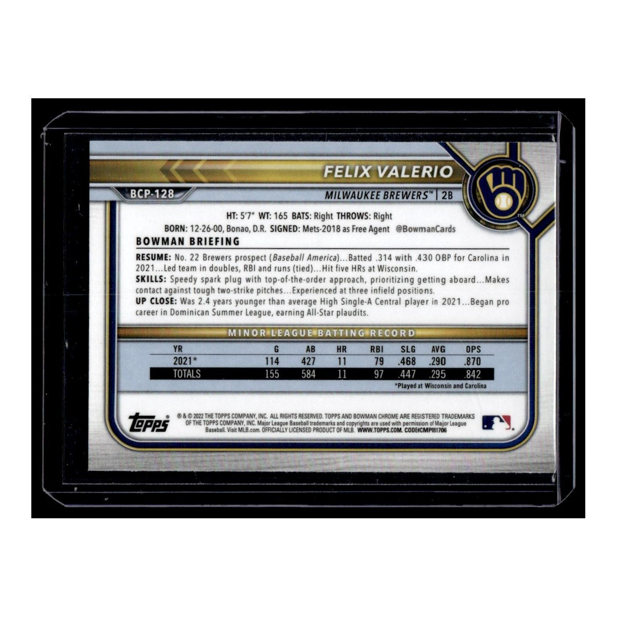 Felix Valerio 2022 Bowman Chrome Prospects #BCP-128 Milwaukee Brewers NM