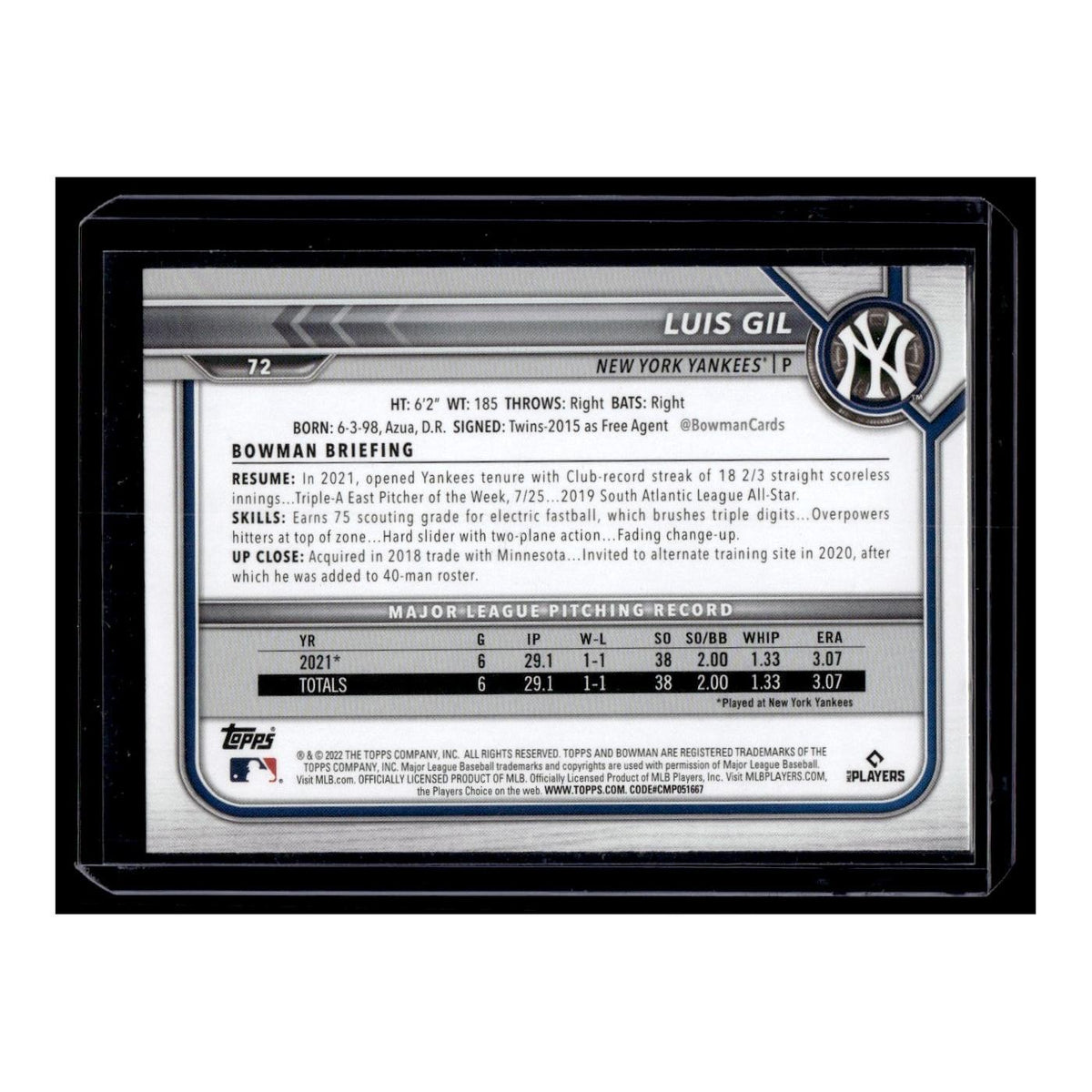 Luis Gil Rookie 2022 Bowman #72 New York Yankees Baseball Card NM