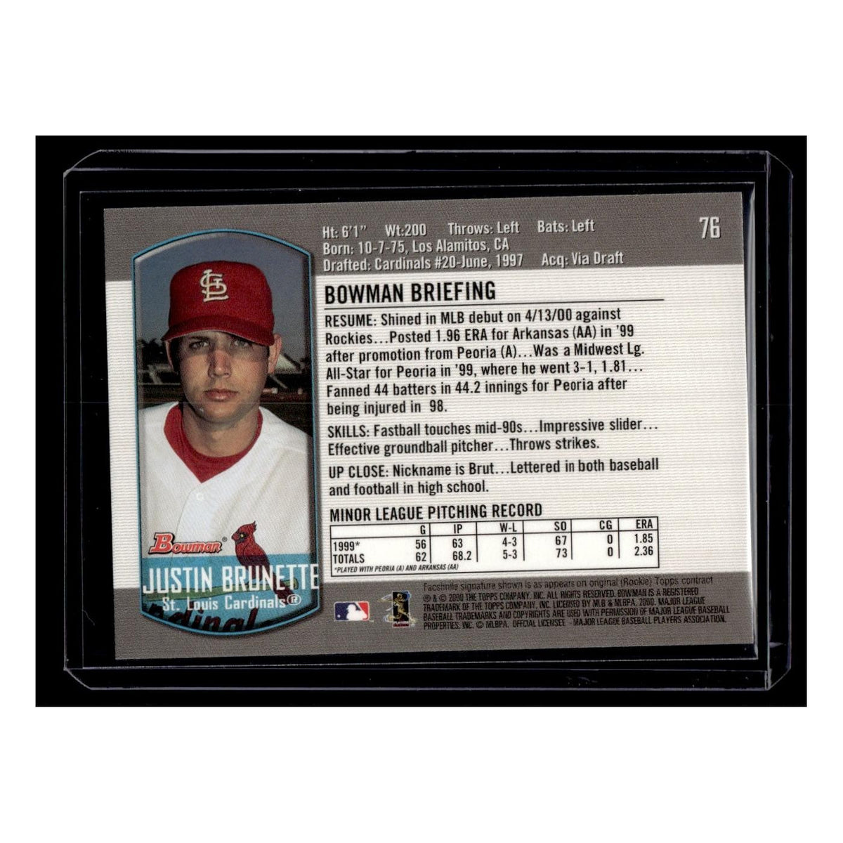 Justin Brunette Rookie 2000 Bowman #76 St. Louis Cardinals Baseball Card NM