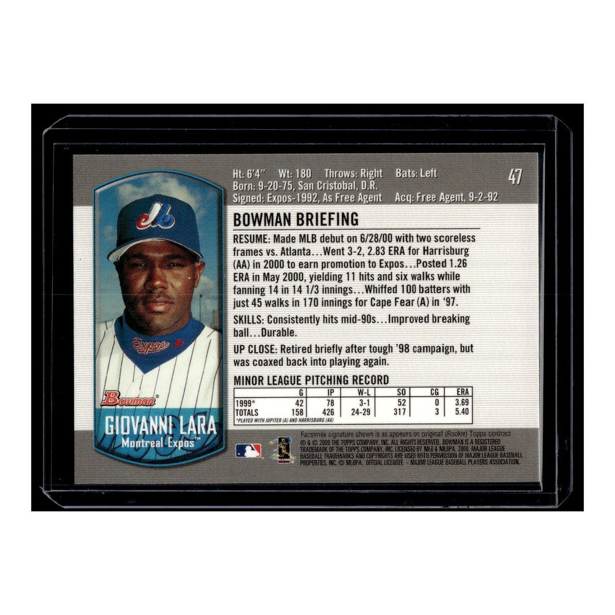 Giovanni Lara Rookie 2000 Bowman #47 Montreal Expos Baseball Card NM
