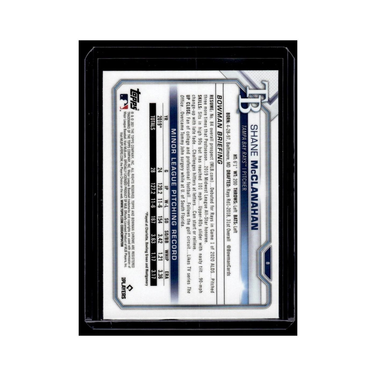 Shane McClanahan 2020 Bowman Chrome #8 Tampa Bay Rays Baseball Card NM