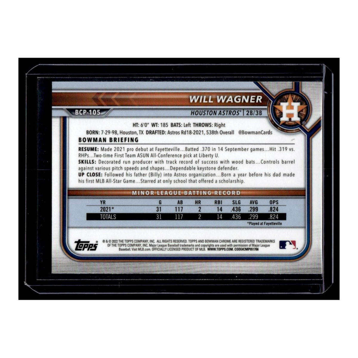 Will Wagner 2022 Bowman Chrome Prospects #BCP-105 Houston Astros NM