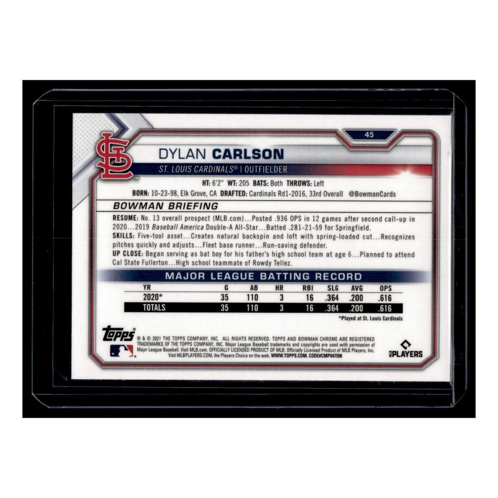 Dylan Carlson Rookie 2021 Bowman Chrome #45 St. Louis Cardinals Baseball Card NM