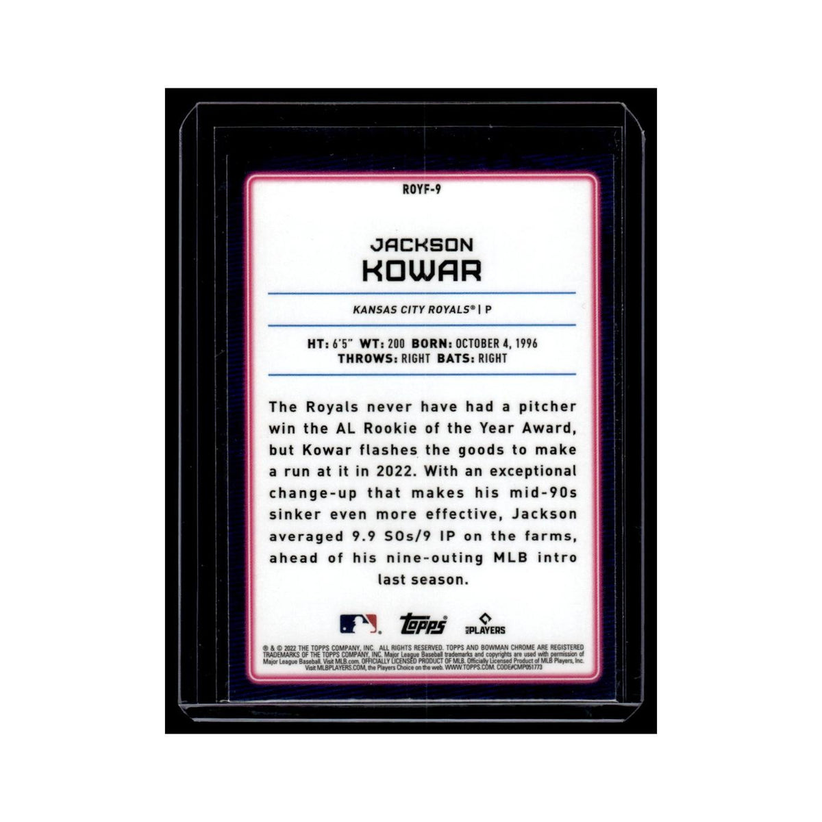 Jackson Kowar 2022 Bowman Chrome Rookie of the Year Favorites #ROYF-9 NM