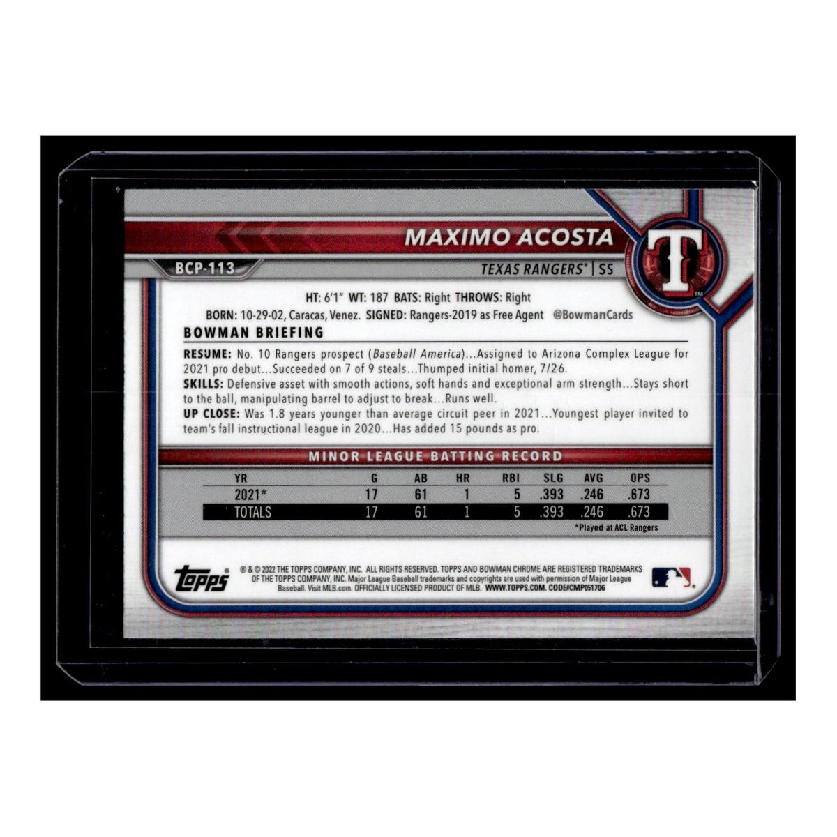 Maximo Acosta 2022 Bowman Chrome #BCP-113 Texas Rangers Baseball Card NM