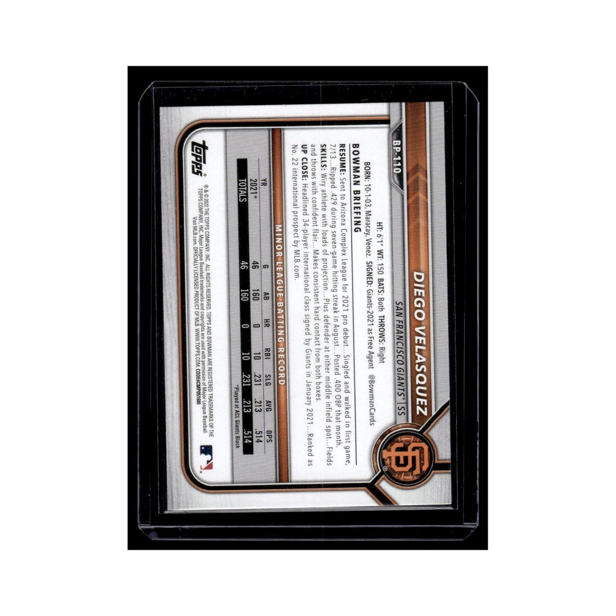 Diego Velasquez 2022 Bowman Prospects #BP-110 San Francisco Giants NM