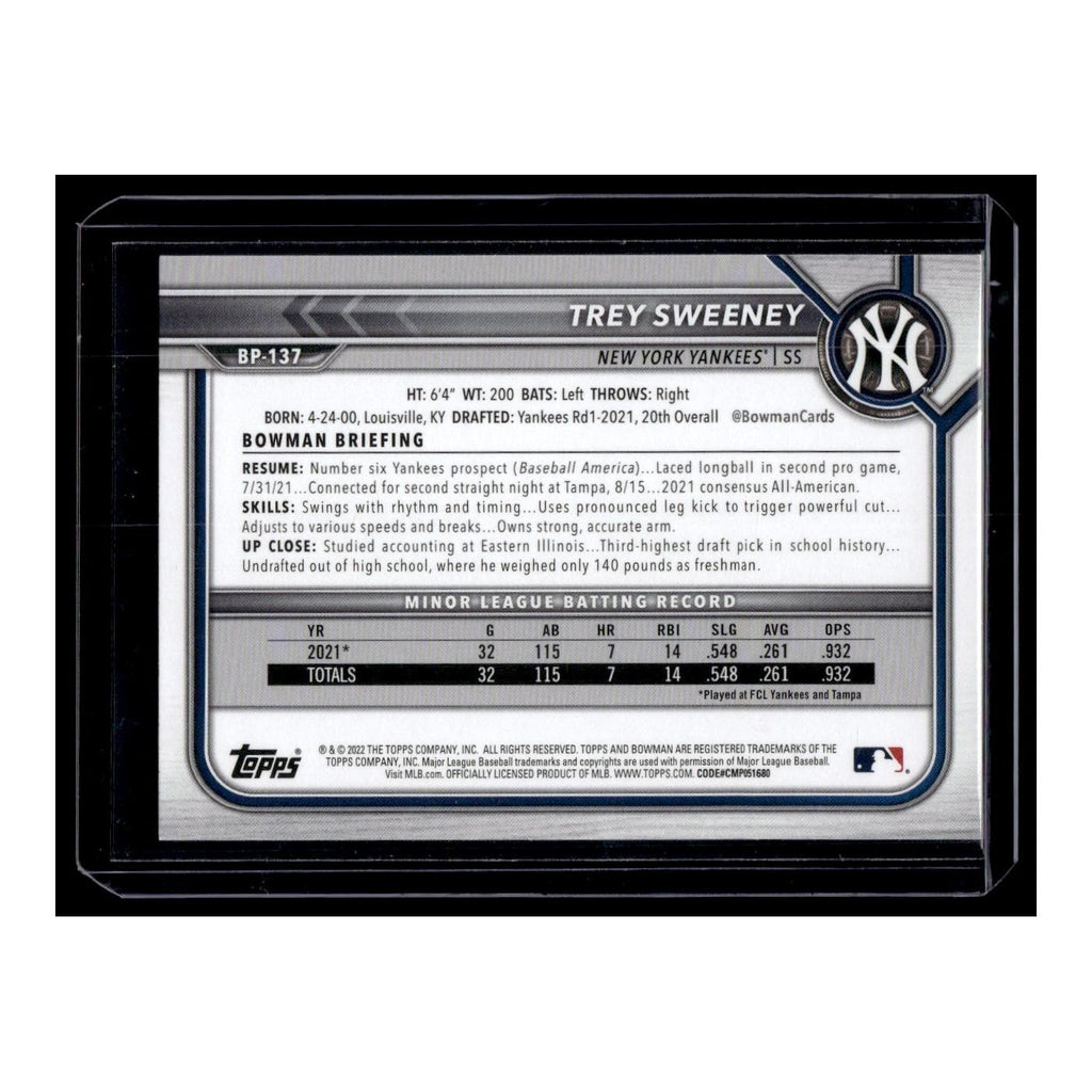 Trey Sweeney 2022 Bowman Prospects #BP-137 New York Yankees Baseball Card NM