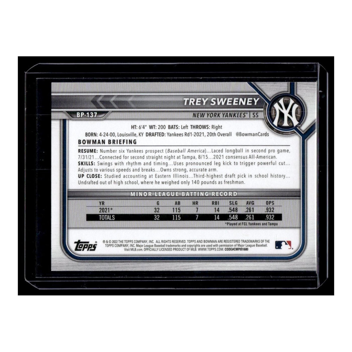 Trey Sweeney 2022 Bowman Prospects #BP-137 New York Yankees Baseball Card NM