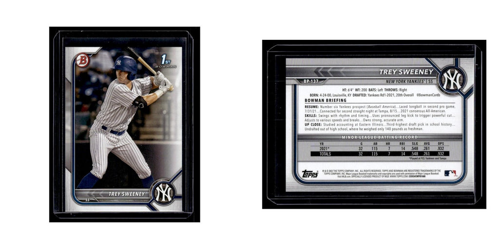 Trey Sweeney 2022 Bowman Prospects #BP-137 New York Yankees Baseball Card NM