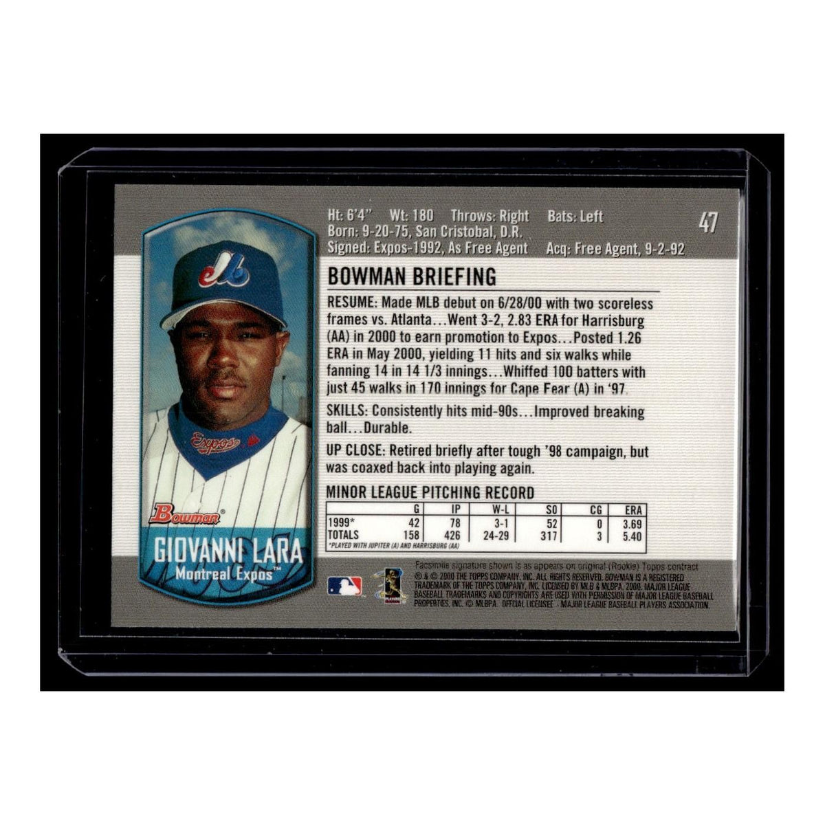 Giovanni Lara Rookie 2000 Bowman #47 Montreal Expos Baseball Card NM