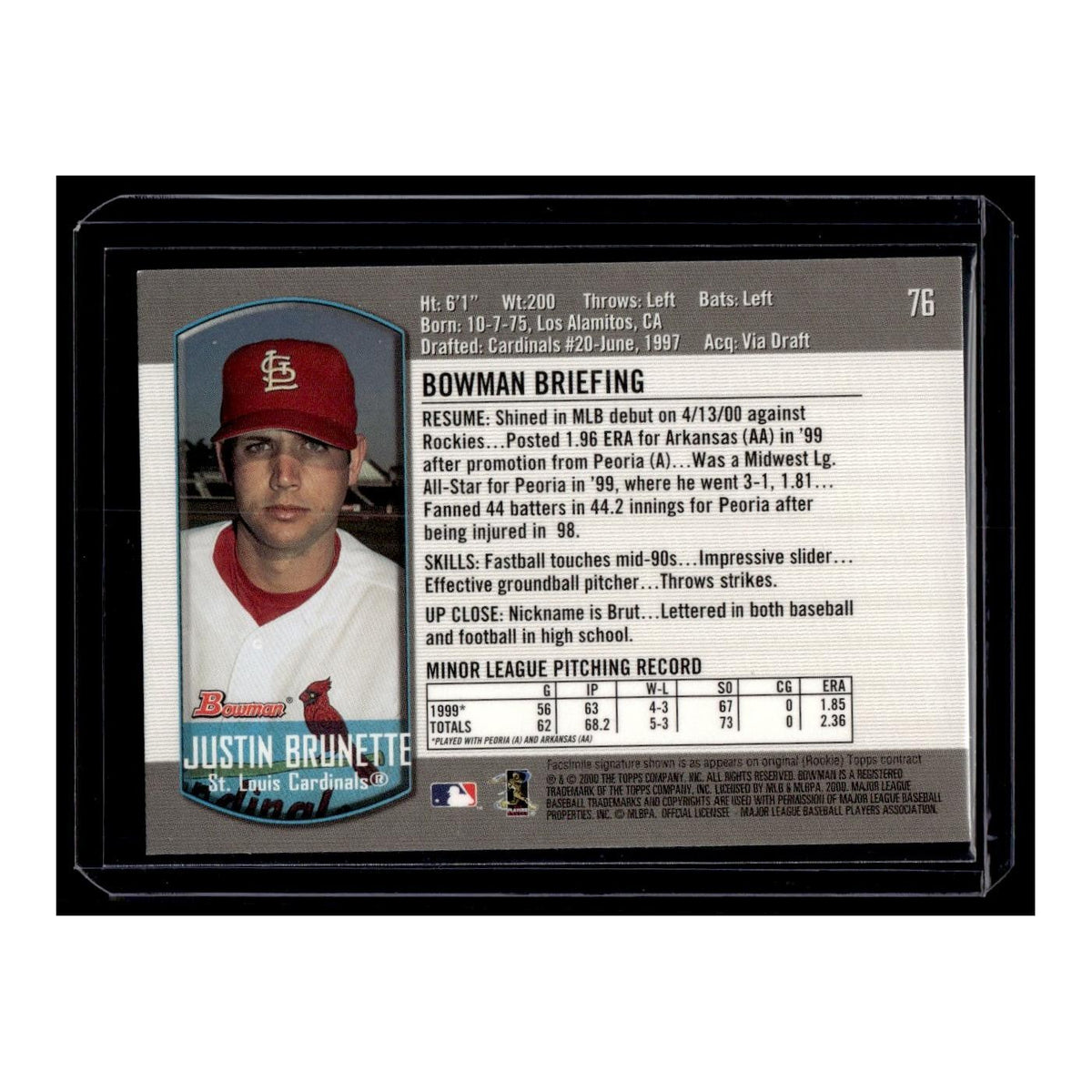 Justin Brunette Rookie 2000 Bowman #76 St. Louis Cardinals Baseball Card NM