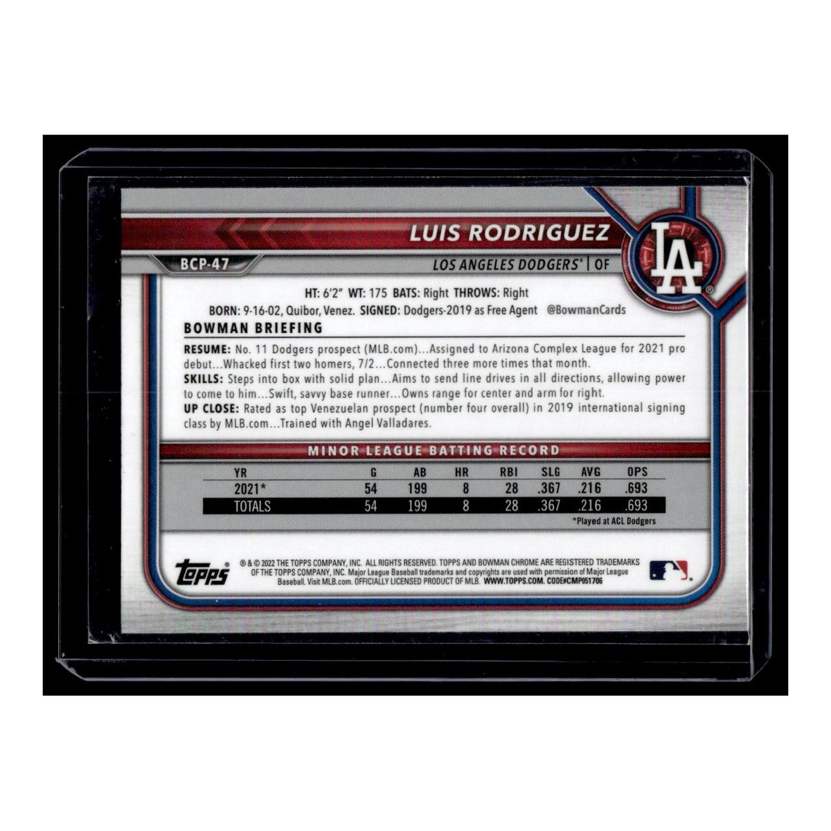 Luis Rodriguez 2022 Bowman Chrome Prospects #BCP-47 Los Angeles Dodgers NM