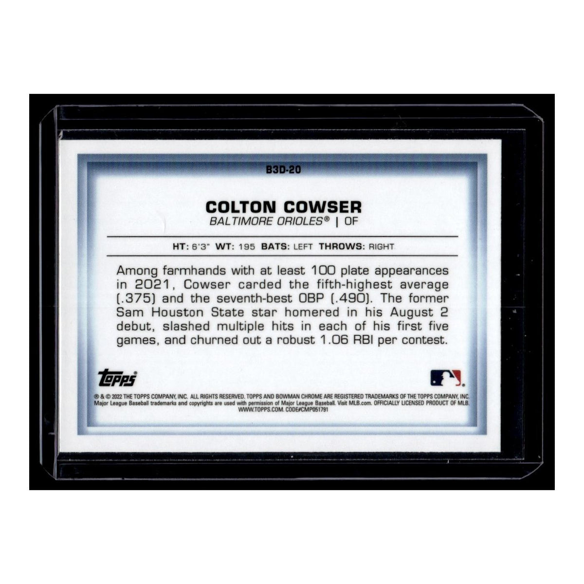 Colton Cowser 2022 Bowman Chrome  in 3-D #B3D-20 Baltimore Orioles NM