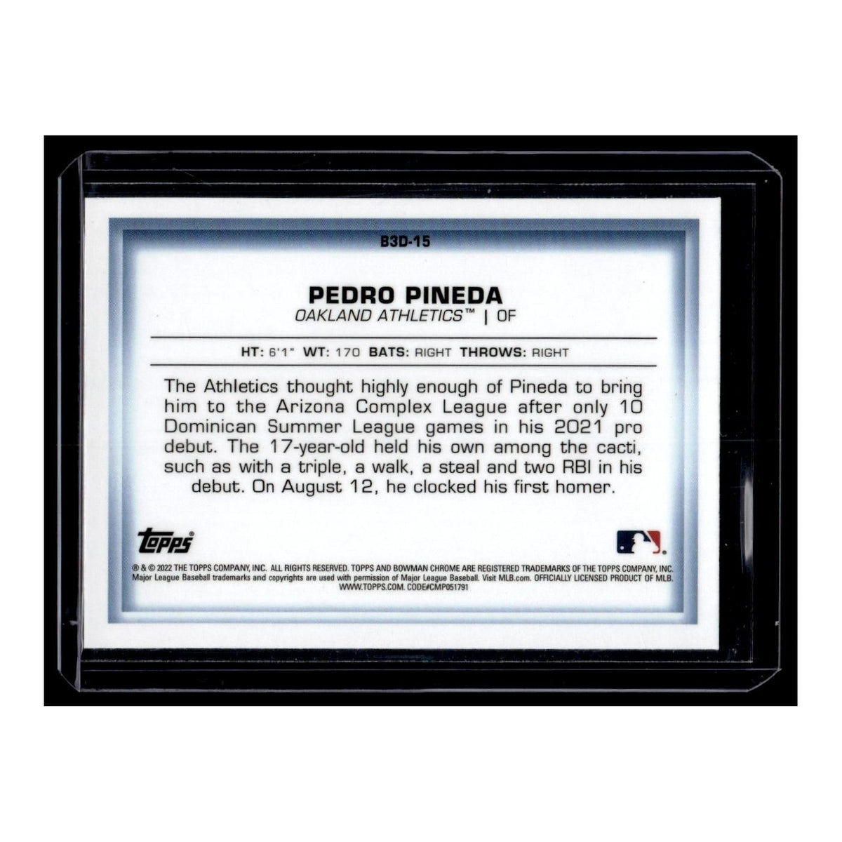 Pedro Pineda 2022 Bowman Chrome  in 3-D #B3D-15 Oakland Athletics NM