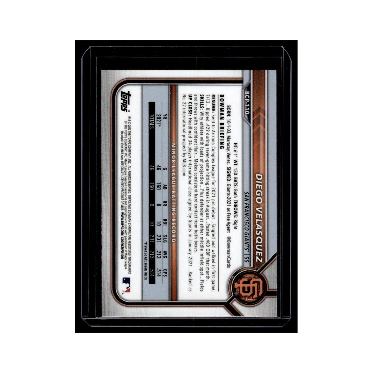 Diego Velasquez 2022 Bowman Chrome Prospects #BCP-110 San Francisco Giants NM