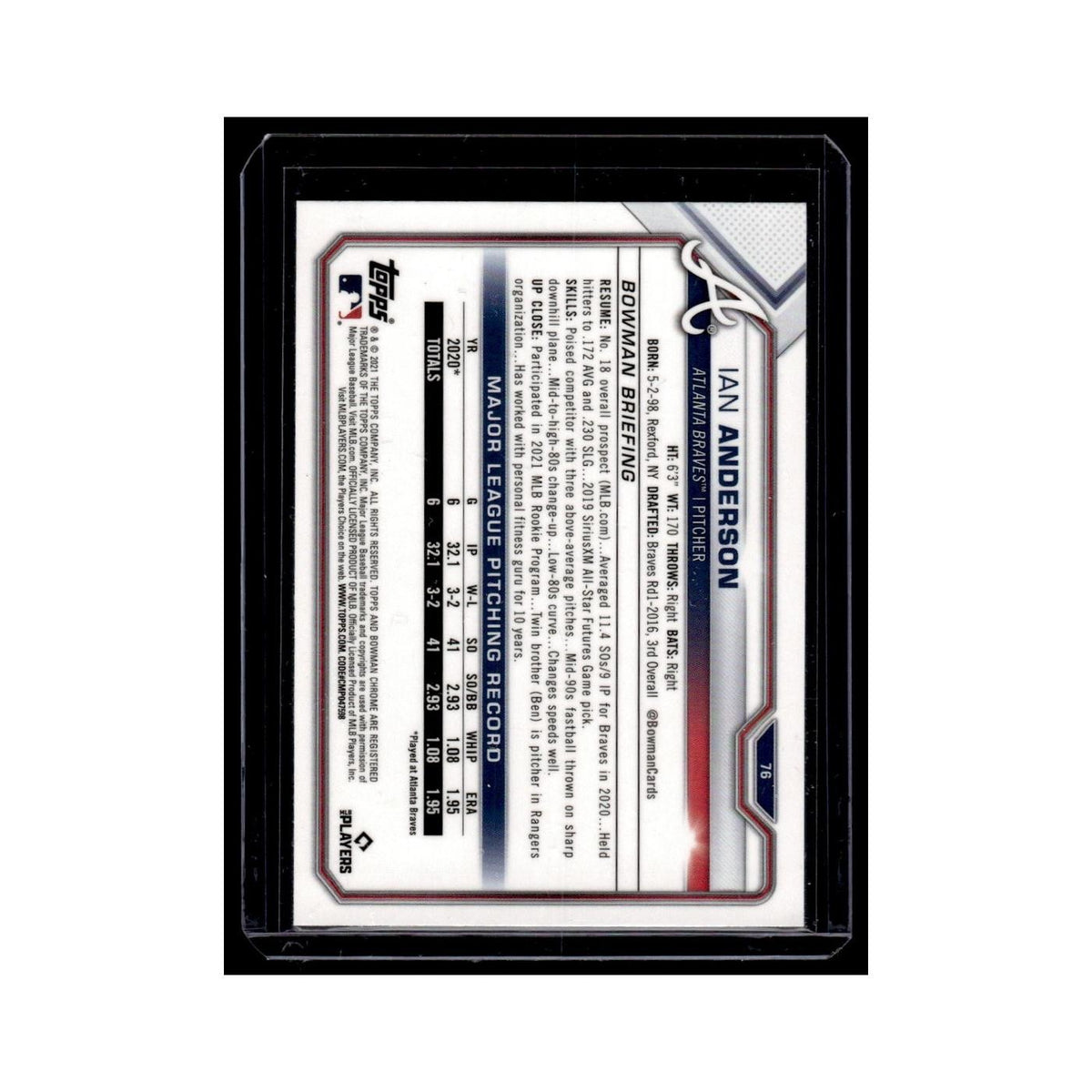Ian Anderson Rookie 2021 Bowman Chrome #76 Atlanta Braves Baseball Card NM