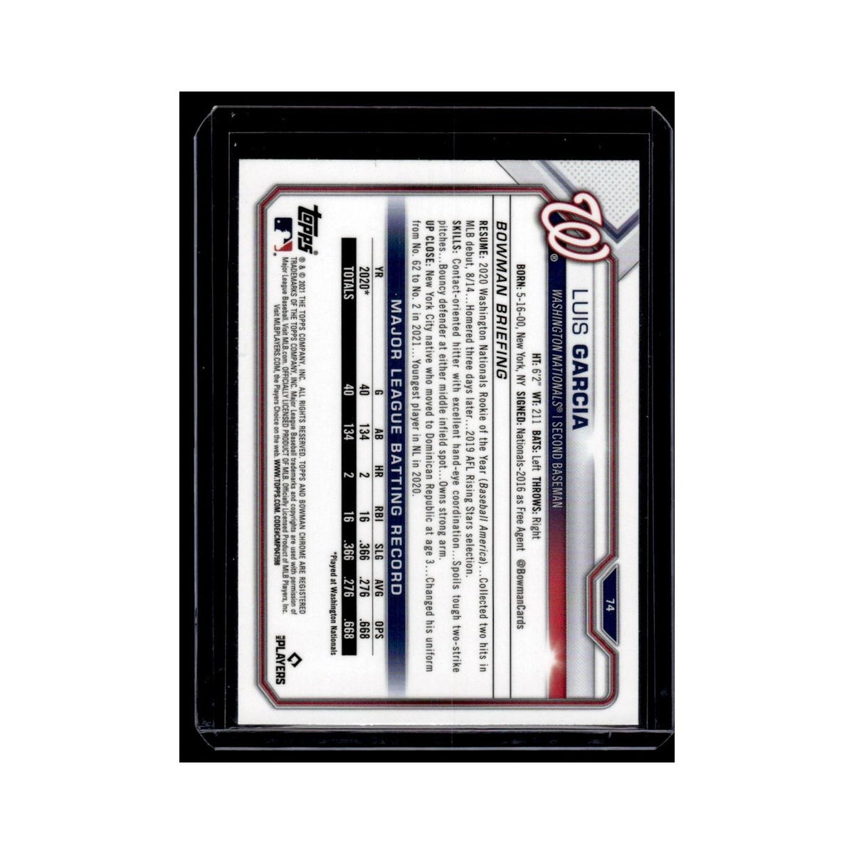 Luis Garcia Rookie 2021 Bowman Chrome #74 Washington Nationals Baseball Card NM