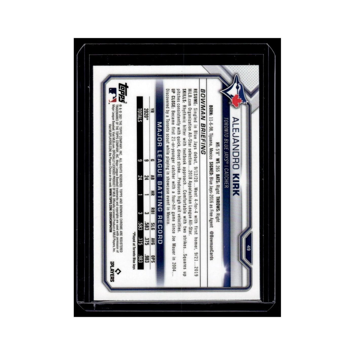 Alejandro Kirk Rookie 2021 Bowman Chrome #49 Toronto Blue Jays Baseball Card NM