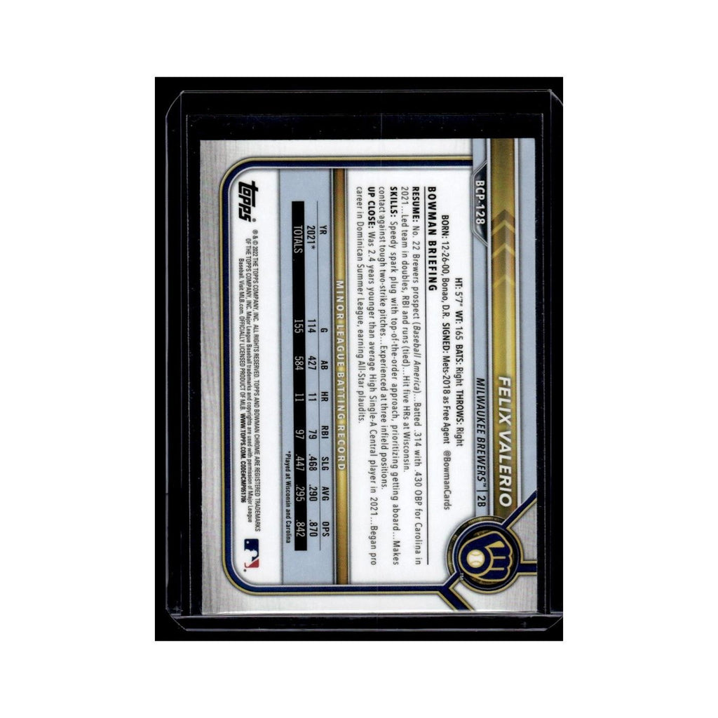 Felix Valerio 2022 Bowman Chrome Prospects #BCP-128 Milwaukee Brewers NM