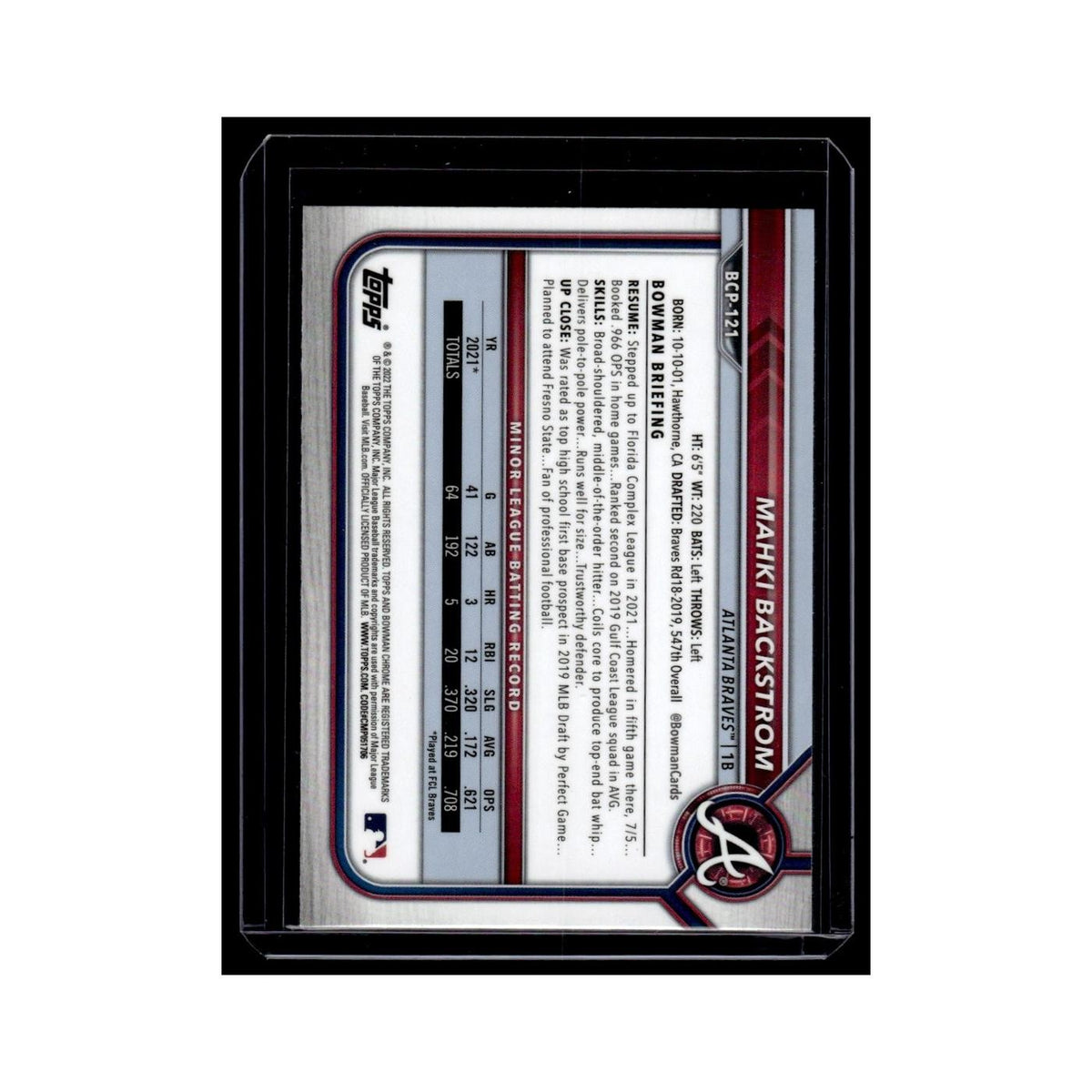 Mahki Backstrom 2022 Bowman Chrome Prospects #BCP-121 Atlanta Braves NM