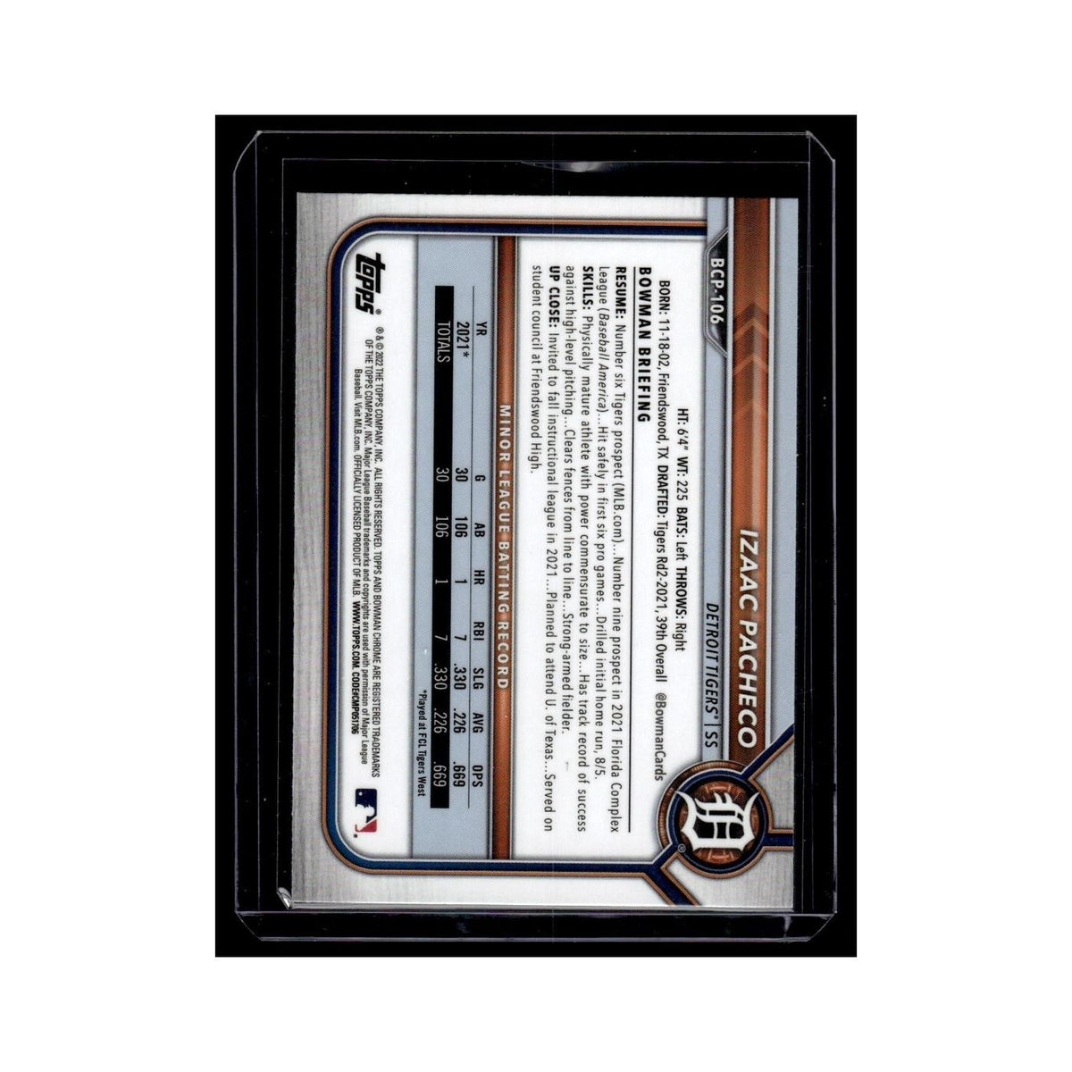 Izaac Pacheco 2022 Bowman Chrome Prospects #BCP-106 Detroit Tigers NM