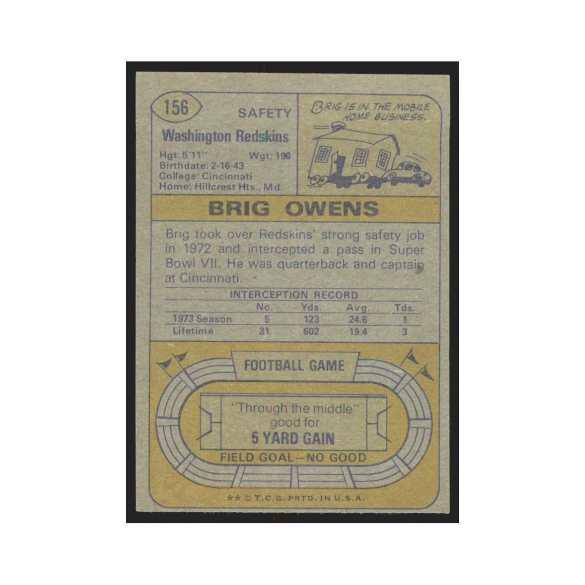 1974 Topps Brig Owens Redskins #156.0