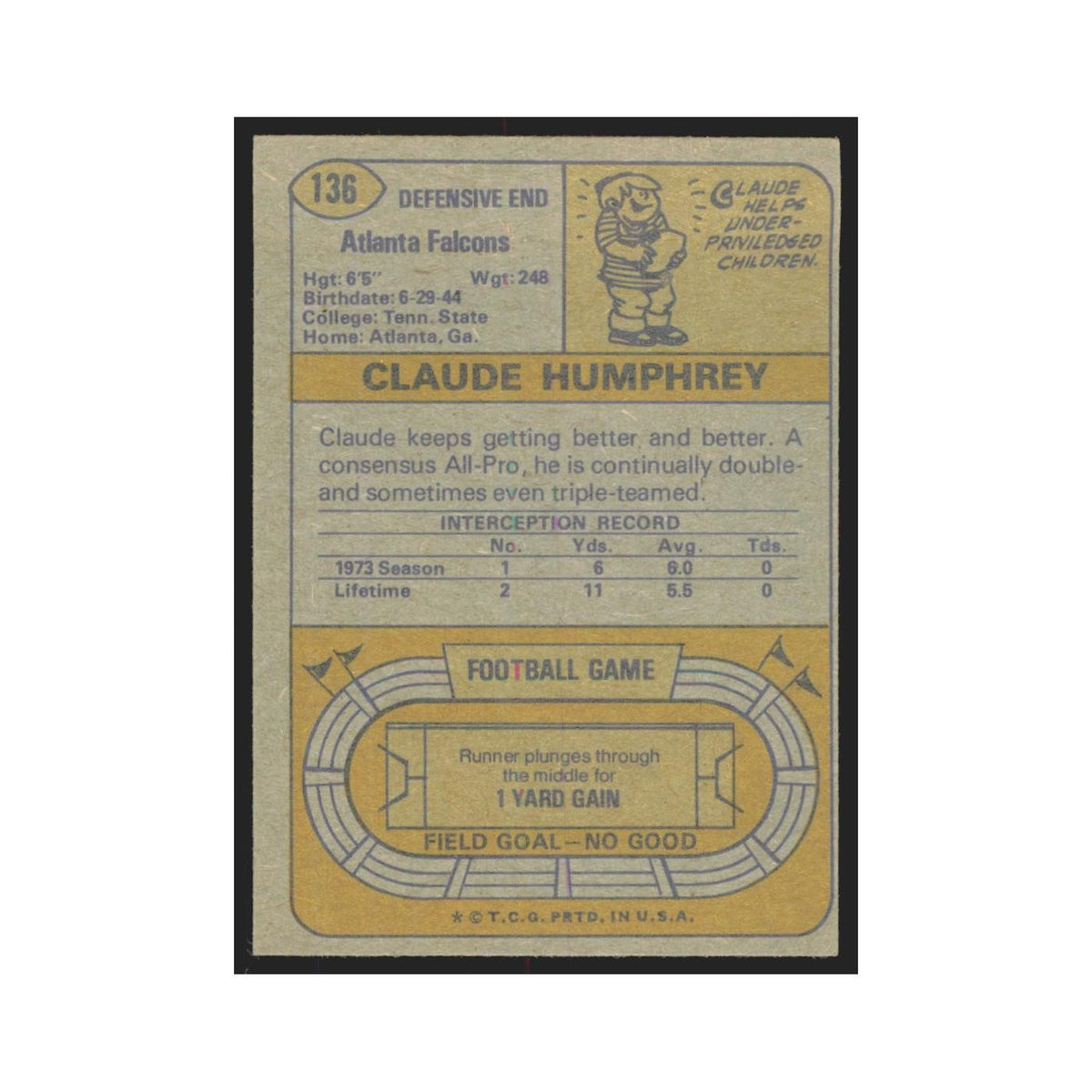 1974 Topps Claude Humphrey Falcons #136.0