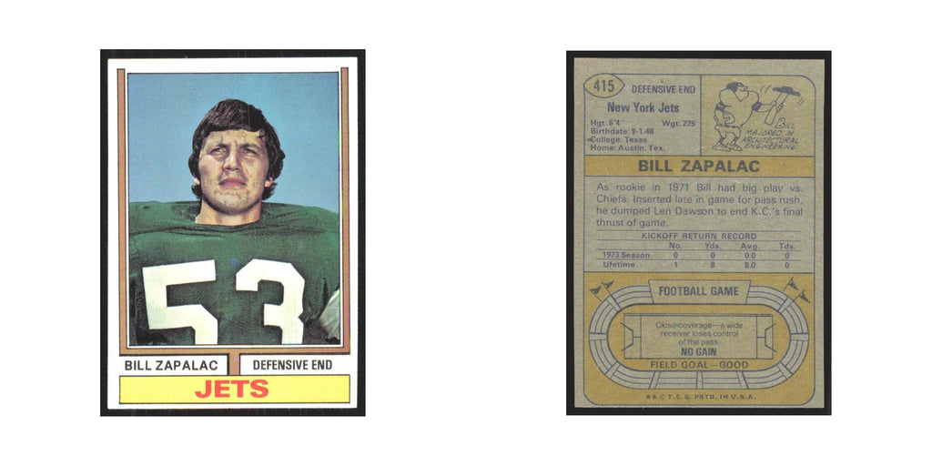 1974 Topps Bill Zapalac Jets #415.0