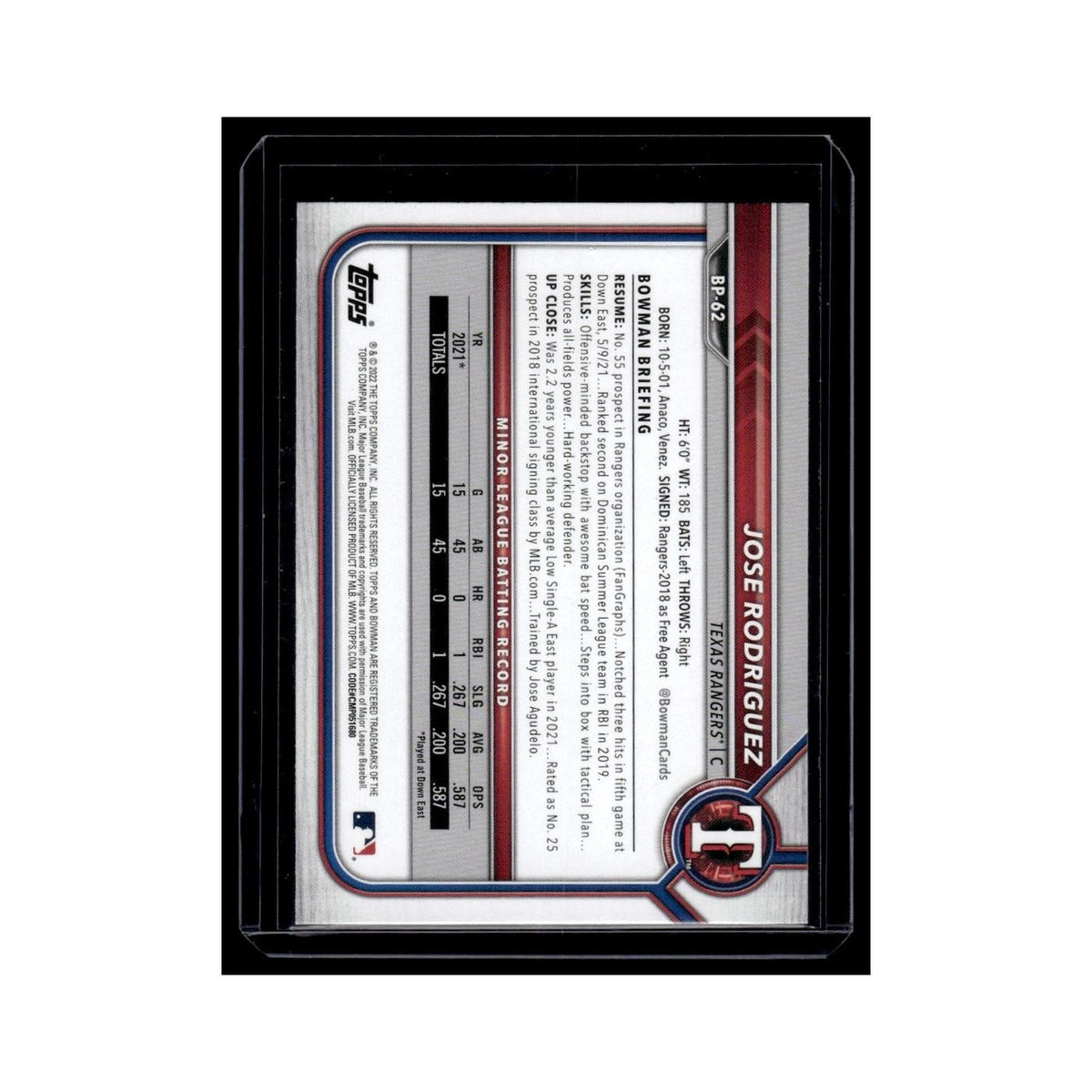 Jose Rodriguez 2022 Bowman Prospects #BP-62 Texas Rangers Baseball Card NM